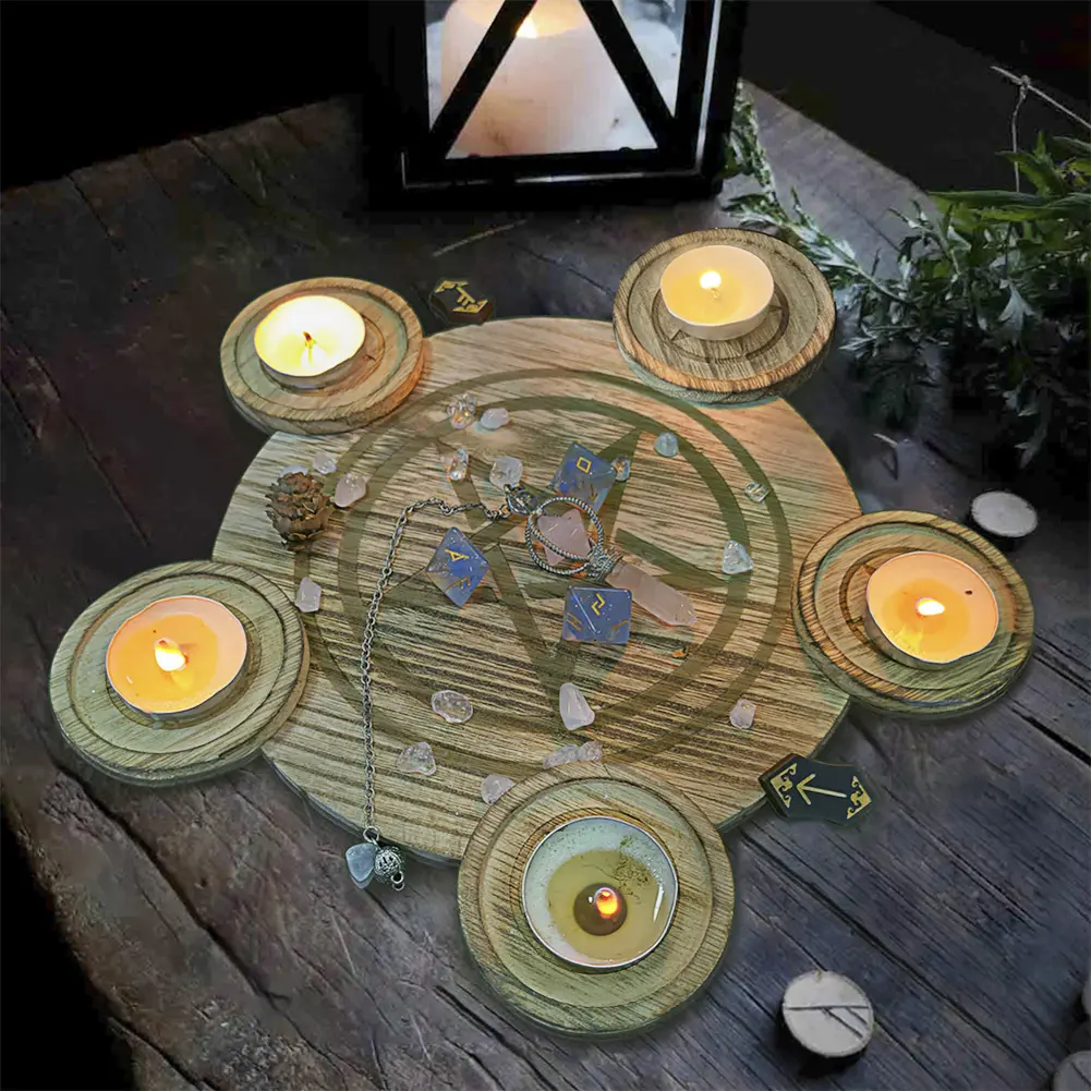 2 In 1 Pentagram Witches Wooden Candle Holder Candlestick Candle Stand Witchcraft Altar Supplies Decor for Wiccan Tarot Supply