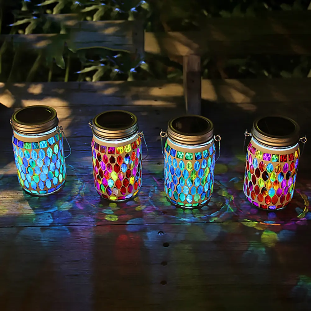 LED Mosaic Solar Lantern Waterproof Solar Glass Bottle Jar Table Lamp Glass Table Lamp for Garden Patio Party Yard Balcony Decor