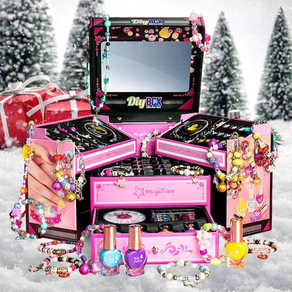 Charm Bracelet Making Kit with Jewelry Box & Nail Polish Jewelry Making Kit Christmas Birthday Gifts for Girls Age 6-12