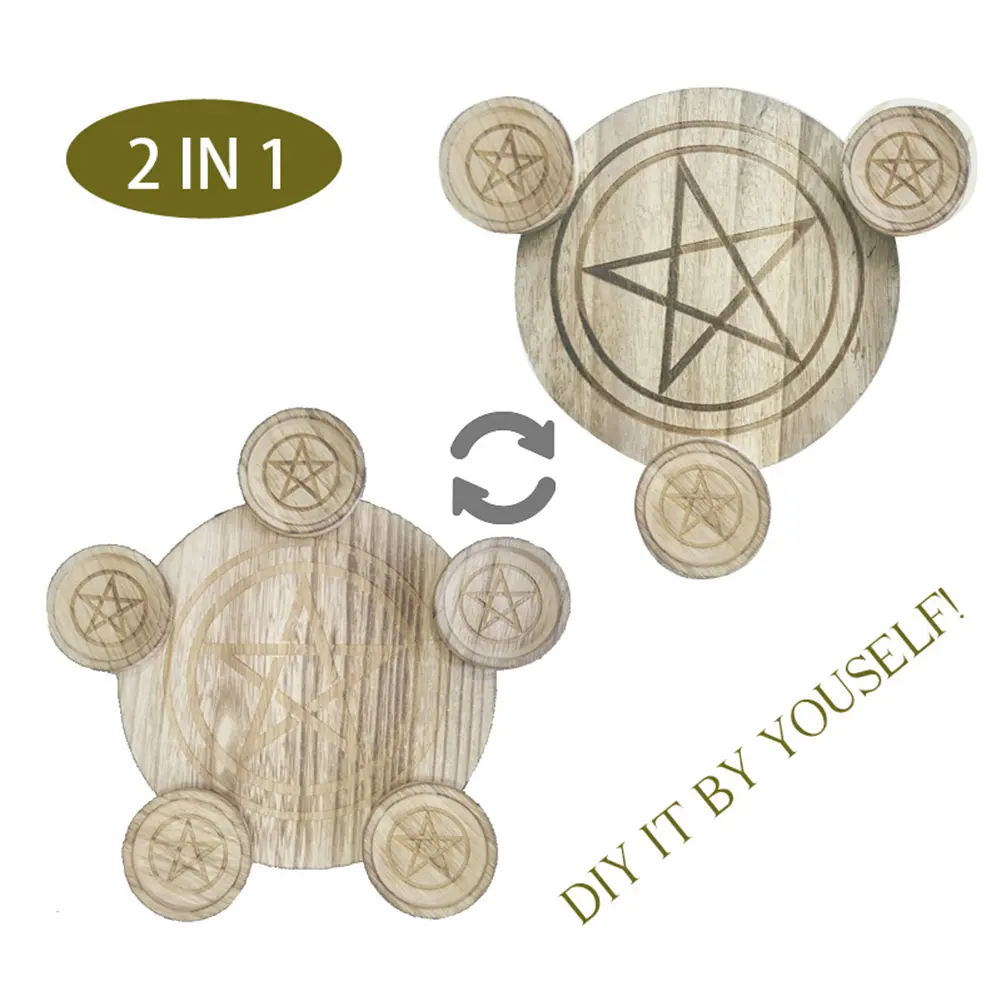 2 In 1 Pentagram Witches Wooden Candle Holder Candlestick Candle Stand Witchcraft Altar Supplies Decor for Wiccan Tarot Supply