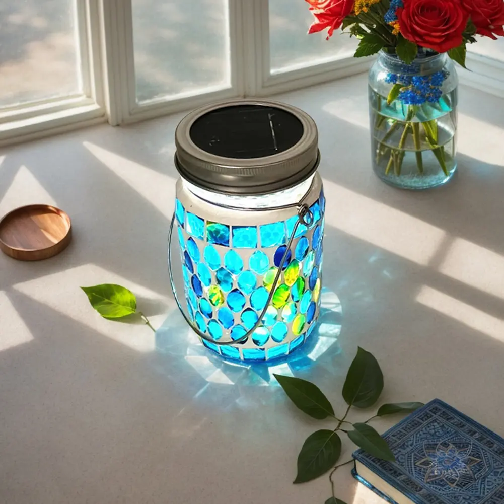 LED Mosaic Solar Lantern Waterproof Solar Glass Bottle Jar Table Lamp Glass Table Lamp for Garden Patio Party Yard Balcony Decor