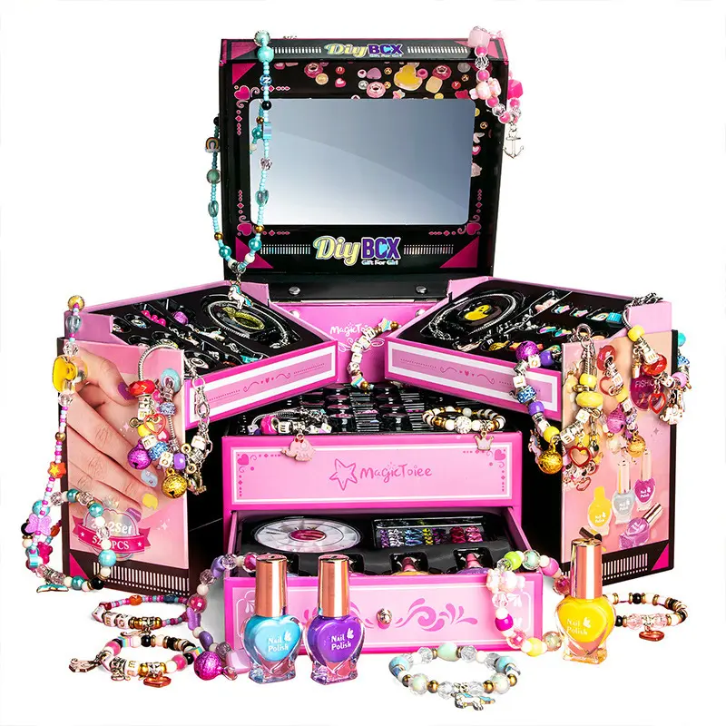Charm Bracelet Making Kit with Jewelry Box & Nail Polish Jewelry Making Kit Christmas Birthday Gifts for Girls Age 6-12