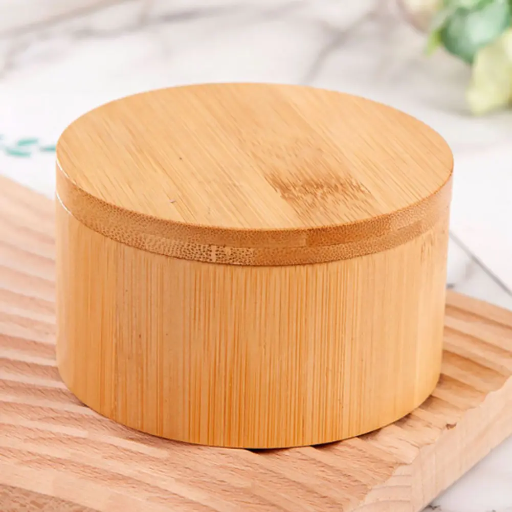 Bamboo Salt Cellar with Swivel Magnetic Closure Lid Bamboo Storage Box Round Salt Container Small Spice Box for Seasonings Herbs