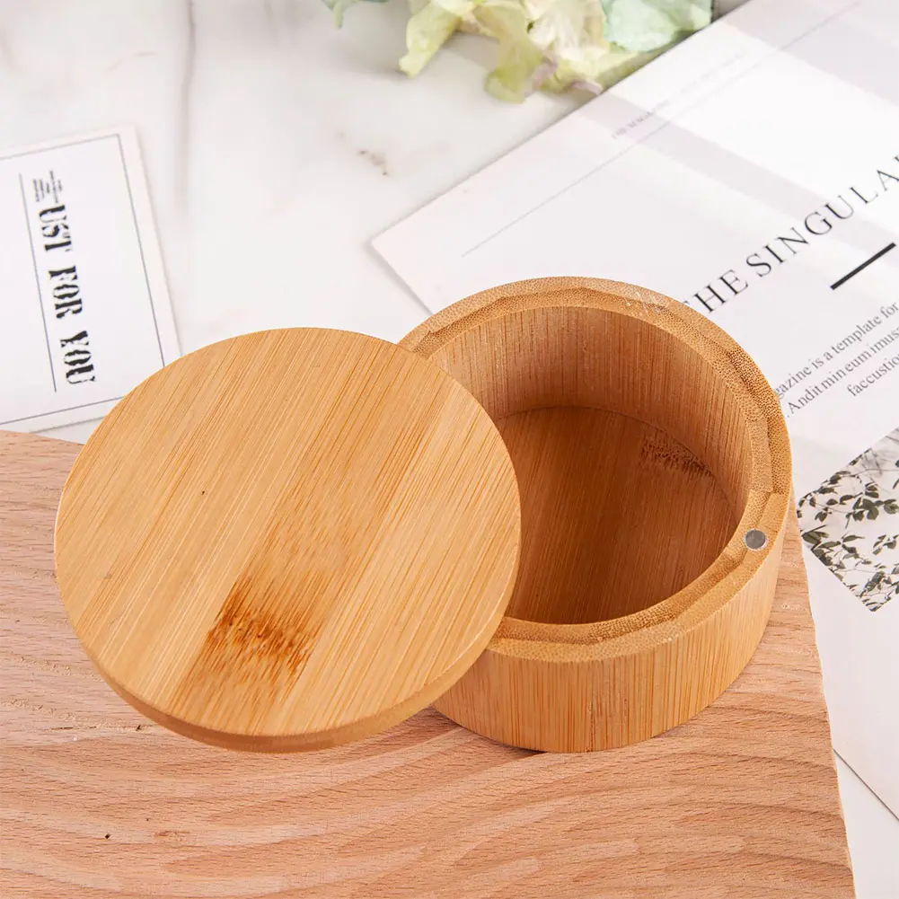 Bamboo Salt Cellar with Swivel Magnetic Closure Lid Bamboo Storage Box Round Salt Container Small Spice Box for Seasonings Herbs