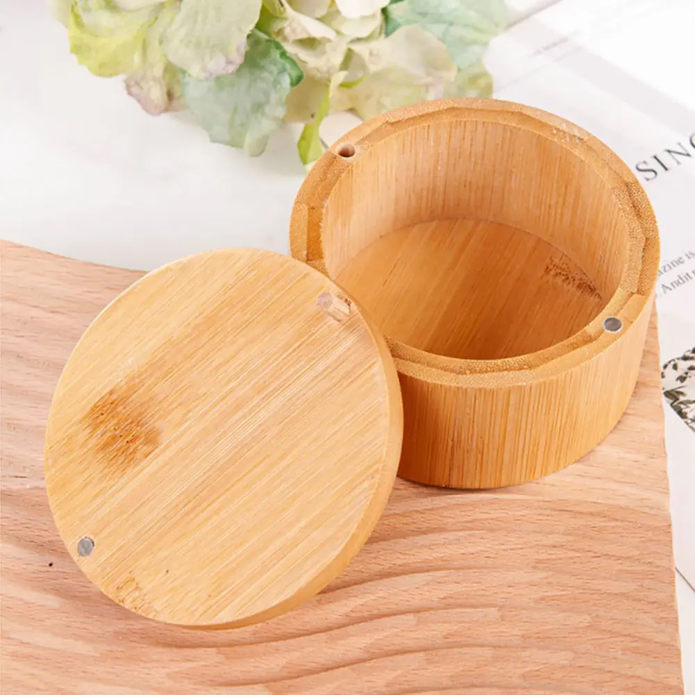 Bamboo Salt Cellar with Swivel Magnetic Closure Lid Bamboo Storage Box Round Salt Container Small Spice Box for Seasonings Herbs