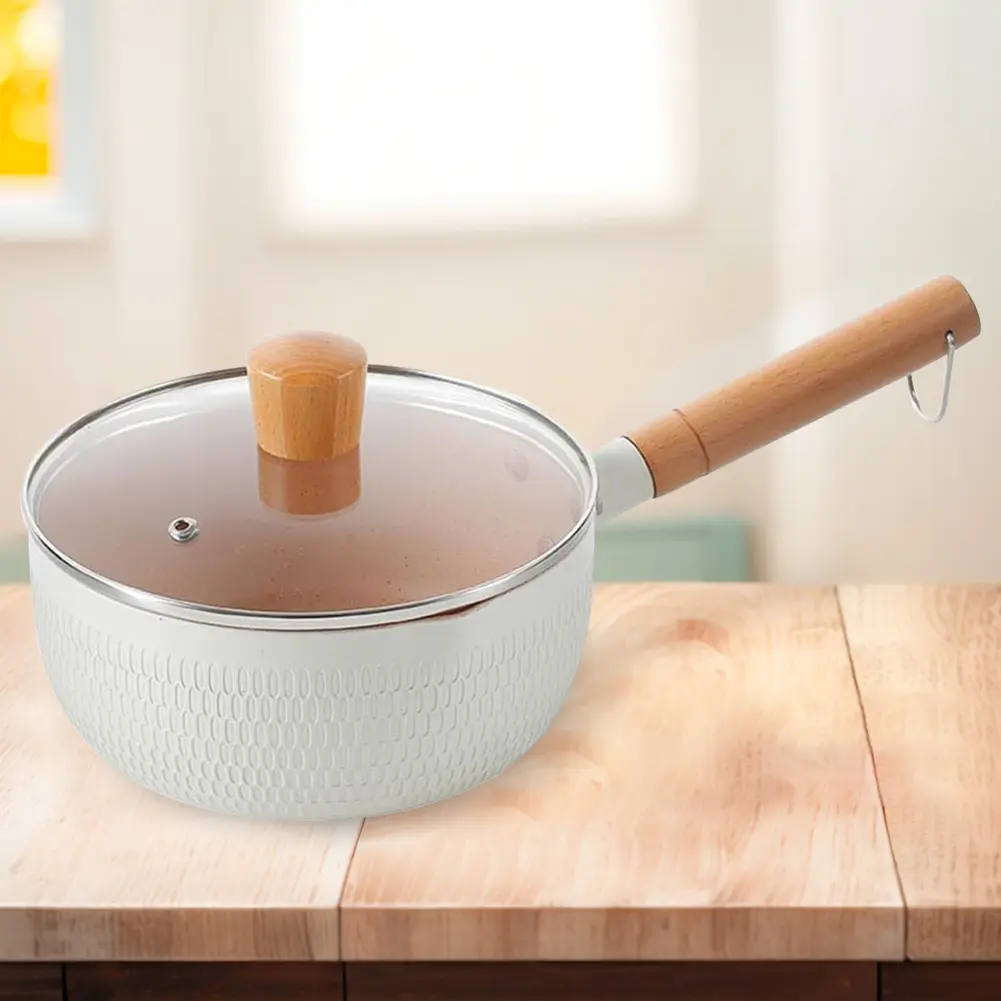 Non-Stick Saucepan with Lid Cooking Pot with Pour Spout & Wooden Handle Soup Pot Stick Proof 18cm for Noodles Soups Hot Milk