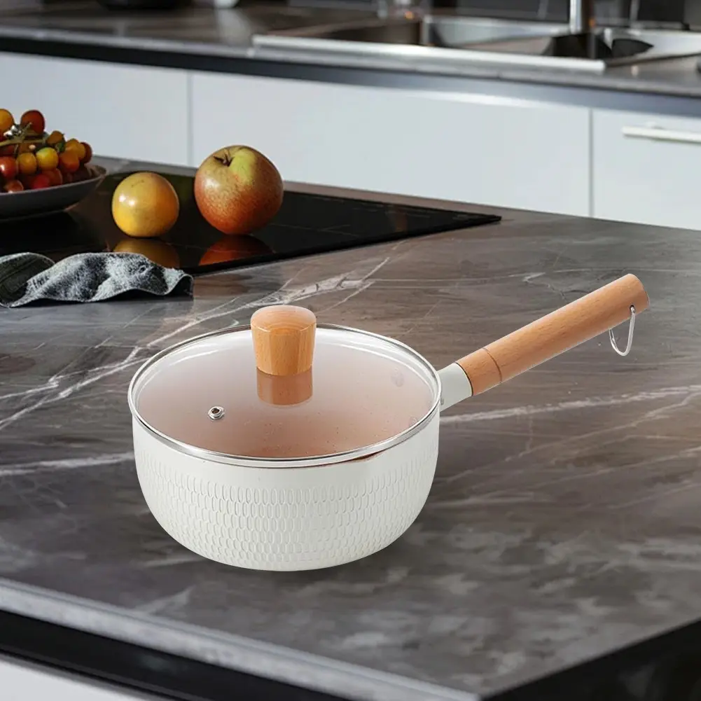 Non-Stick Saucepan with Lid Cooking Pot with Pour Spout & Wooden Handle Soup Pot Stick Proof 18cm for Noodles Soups Hot Milk