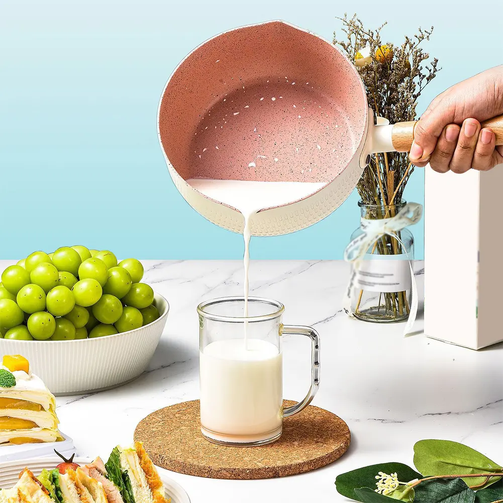 Non-Stick Saucepan with Lid Cooking Pot with Pour Spout & Wooden Handle Soup Pot Stick Proof 18cm for Noodles Soups Hot Milk