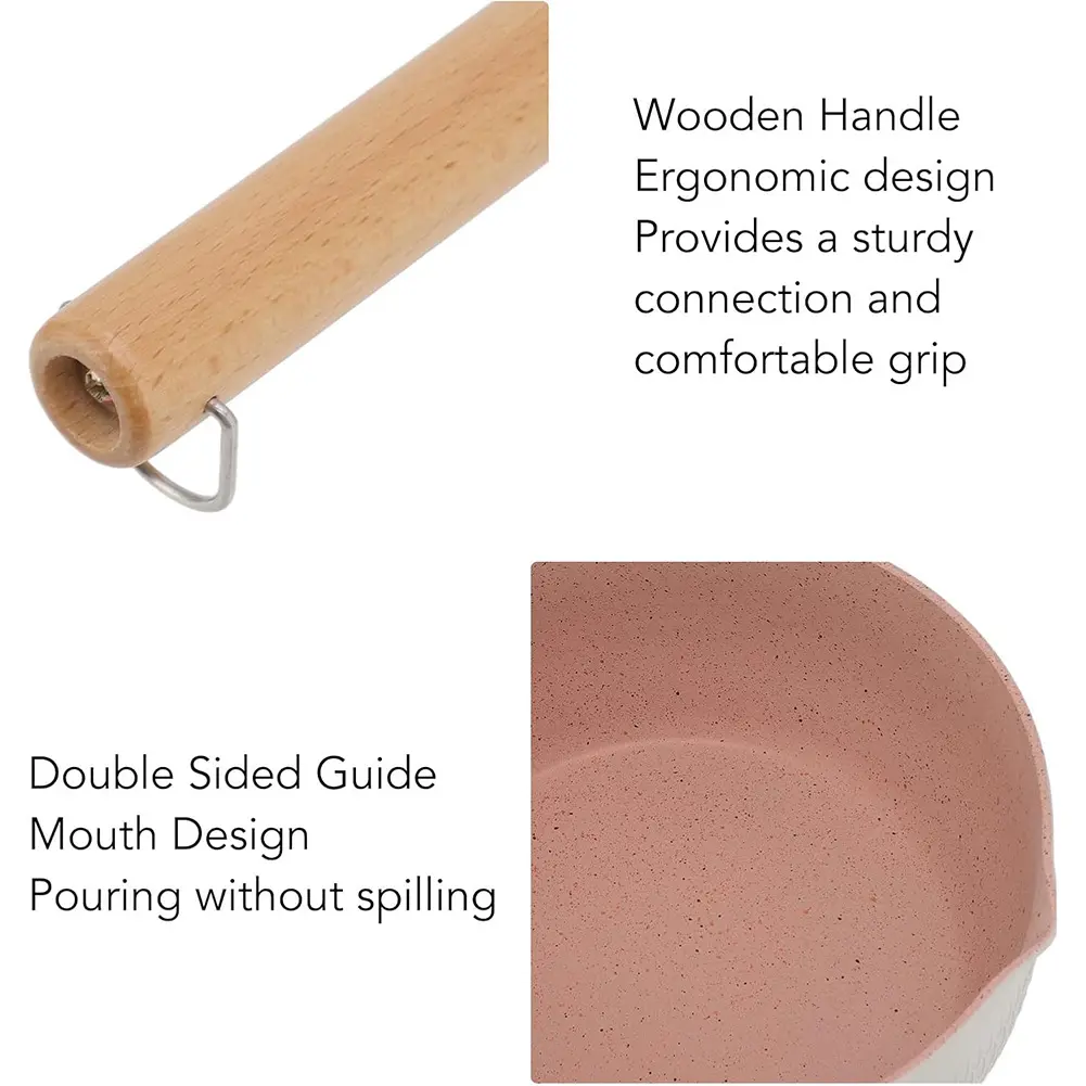 Non-Stick Saucepan with Lid Cooking Pot with Pour Spout & Wooden Handle Soup Pot Stick Proof 18cm for Noodles Soups Hot Milk