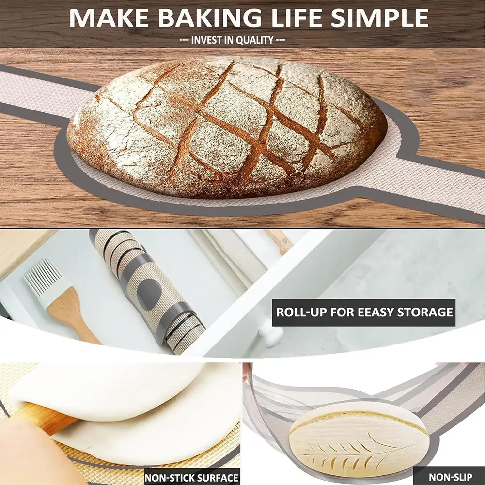 2Pcs Silicone Baking Mat Reusable Non-Stick Dough Transfer Pad Platinum Silicone Bread Baking Long Handles Sling Bakery Supplies