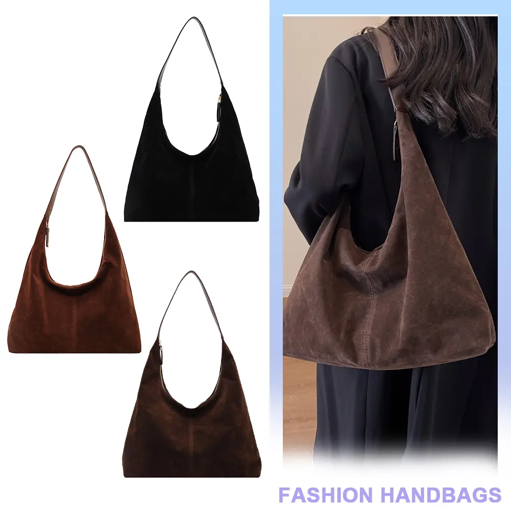 Women Suede Tote Bag with Zipper Handbag Large Capacity Underarm Bag Slouchy Bag Commuter Travel Bag