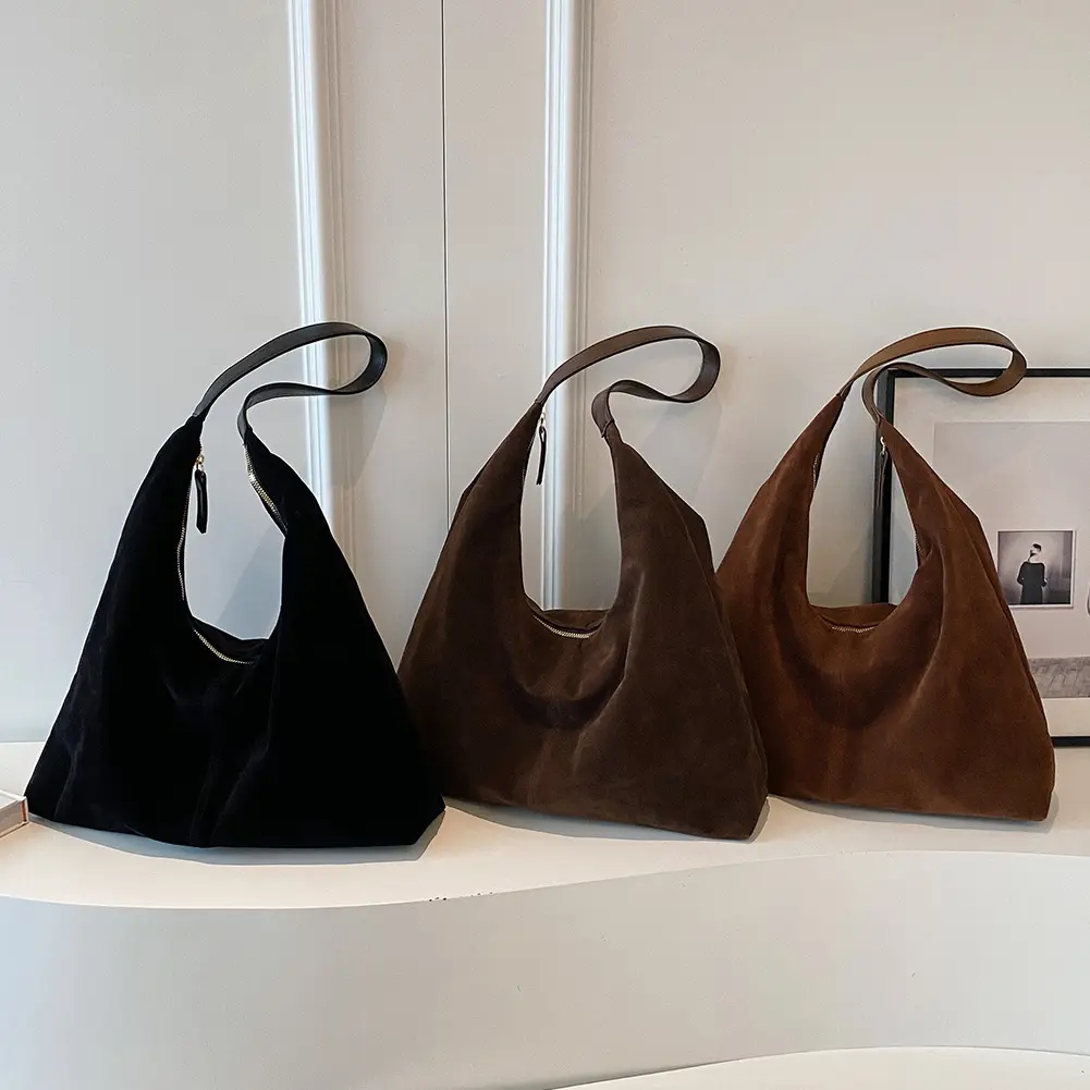 Women Suede Tote Bag with Zipper Handbag Large Capacity Underarm Bag Slouchy Bag Commuter Travel Bag