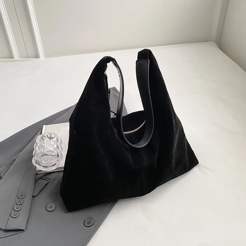 Women Suede Tote Bag with Zipper Handbag Large Capacity Underarm Bag Slouchy Bag Commuter Travel Bag