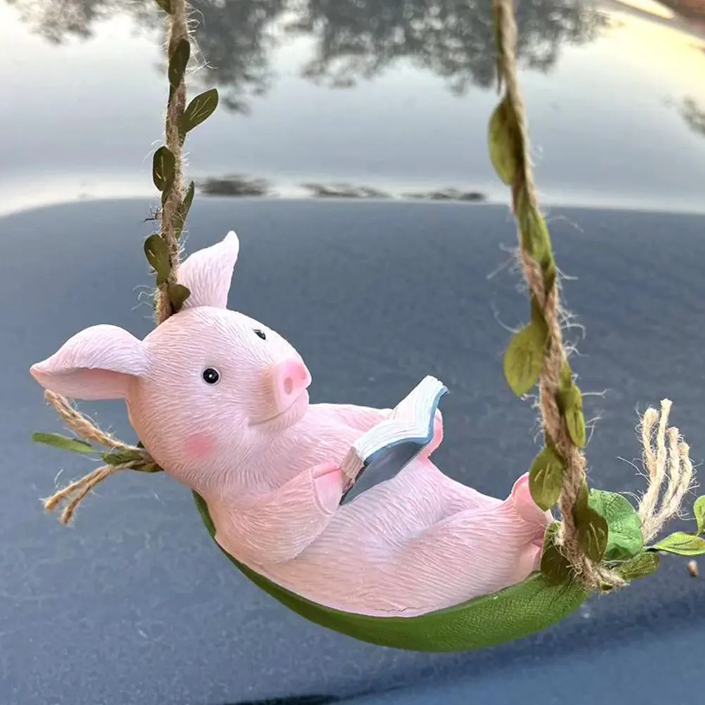 Cute Pig Swing Hanging Ornaments Resin Pig Swing Sculpture Ornament Lovely Pig Landscape for Outdoor Balcony Patio Tree Decor
