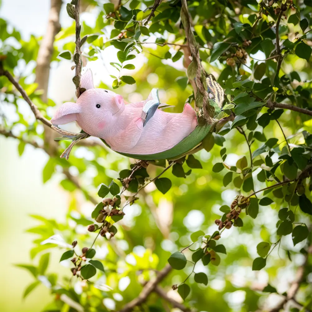 Cute Pig Swing Hanging Ornaments Resin Pig Swing Sculpture Ornament Lovely Pig Landscape for Outdoor Balcony Patio Tree Decor