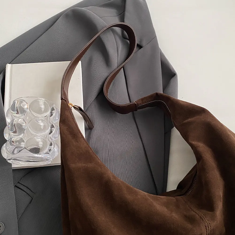 Women Suede Tote Bag with Zipper Handbag Large Capacity Underarm Bag Slouchy Bag Commuter Travel Bag