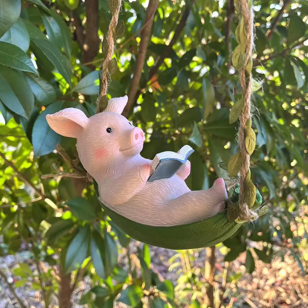 Cute Pig Swing Hanging Ornaments Resin Pig Swing Sculpture Ornament Lovely Pig Landscape for Outdoor Balcony Patio Tree Decor