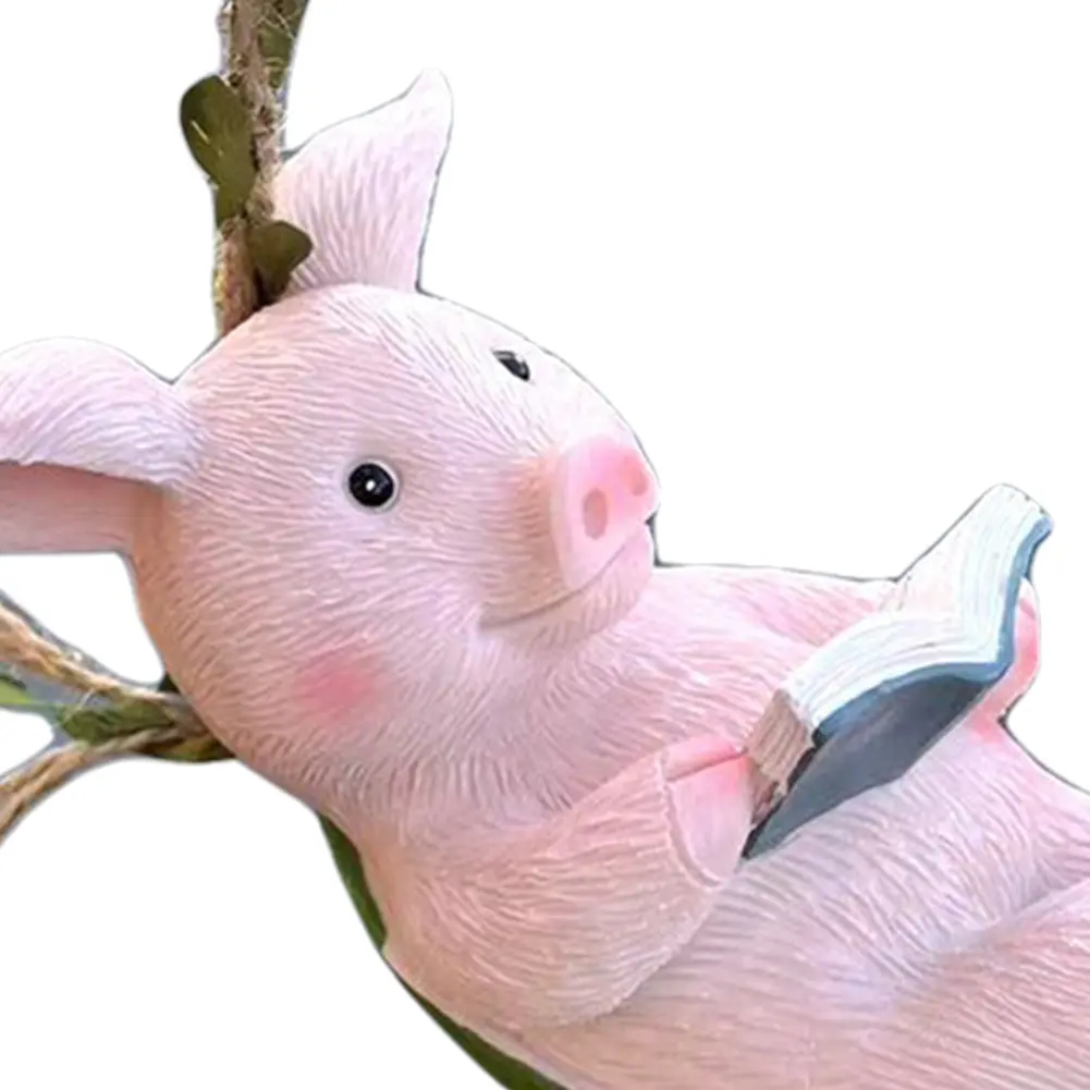 Cute Pig Swing Hanging Ornaments Resin Pig Swing Sculpture Ornament Lovely Pig Landscape for Outdoor Balcony Patio Tree Decor