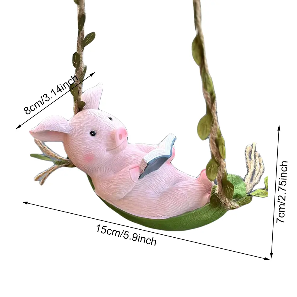 Cute Pig Swing Hanging Ornaments Resin Pig Swing Sculpture Ornament Lovely Pig Landscape for Outdoor Balcony Patio Tree Decor