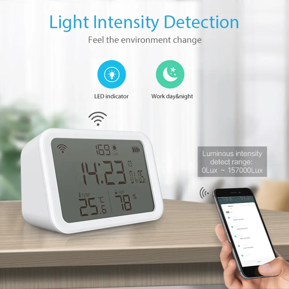 Tuya WiFi Thermometer Hygrometer Battery Powered 4 in 1 Temperature Humidity Sensor LCD Digital Display Bluetooth-compatible 5.0