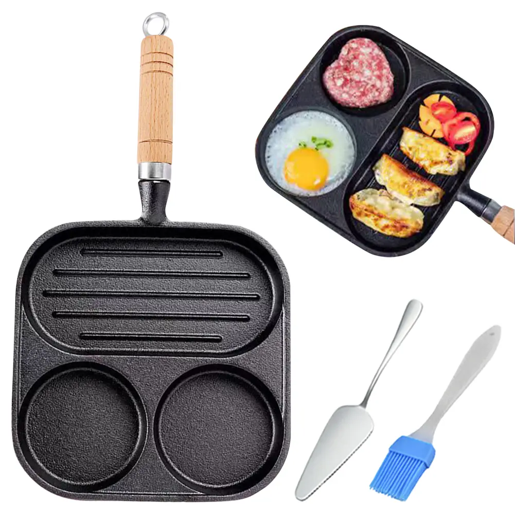 Cast Iron 3-Cup Eggg Frying Pan with Heat-Resistant Handle Pancake Pan Egg Pan Compatible with Gas Stove & Induction Cookware