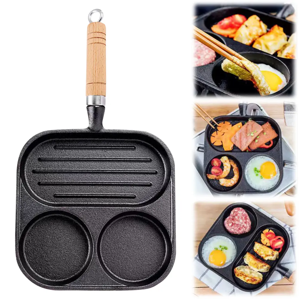 Cast Iron 3-Cup Eggg Frying Pan with Heat-Resistant Handle Pancake Pan Egg Pan Compatible with Gas Stove & Induction Cookware