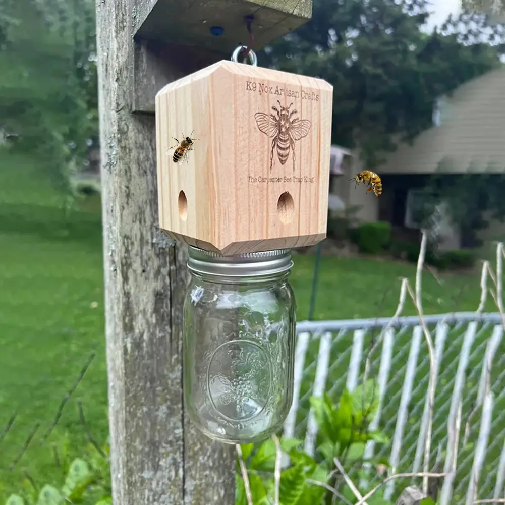 NEW Carpenter Bee Trap Nature Hanging Wood Trap Shed Style Outside Bee Traps with Glass Jar Wood Bee Traps for Garden Yard Patio