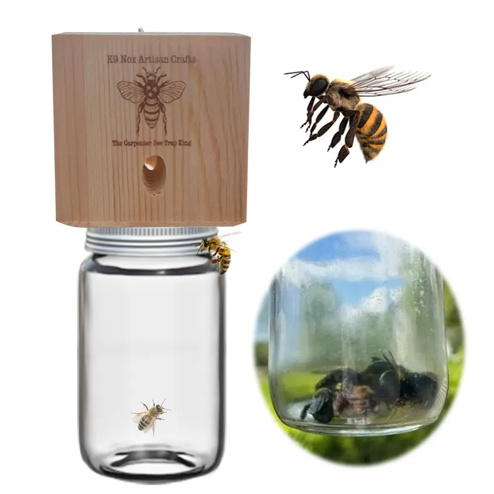NEW Carpenter Bee Trap Nature Hanging Wood Trap Shed Style Outside Bee Traps with Glass Jar Wood Bee Traps for Garden Yard Patio