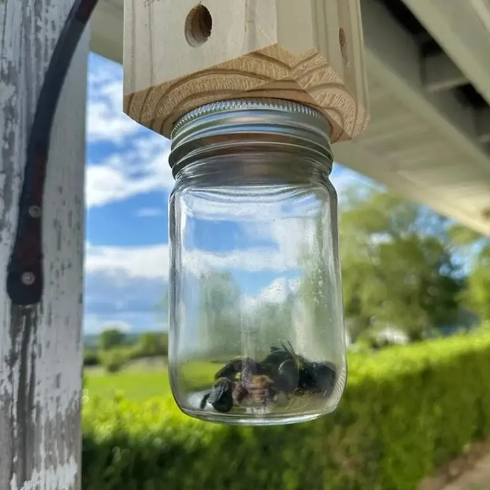 NEW Carpenter Bee Trap Nature Hanging Wood Trap Shed Style Outside Bee Traps with Glass Jar Wood Bee Traps for Garden Yard Patio