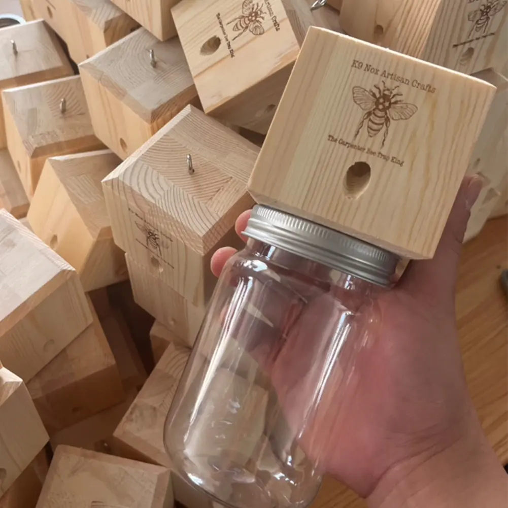 NEW Carpenter Bee Trap Nature Hanging Wood Trap Shed Style Outside Bee Traps with Glass Jar Wood Bee Traps for Garden Yard Patio