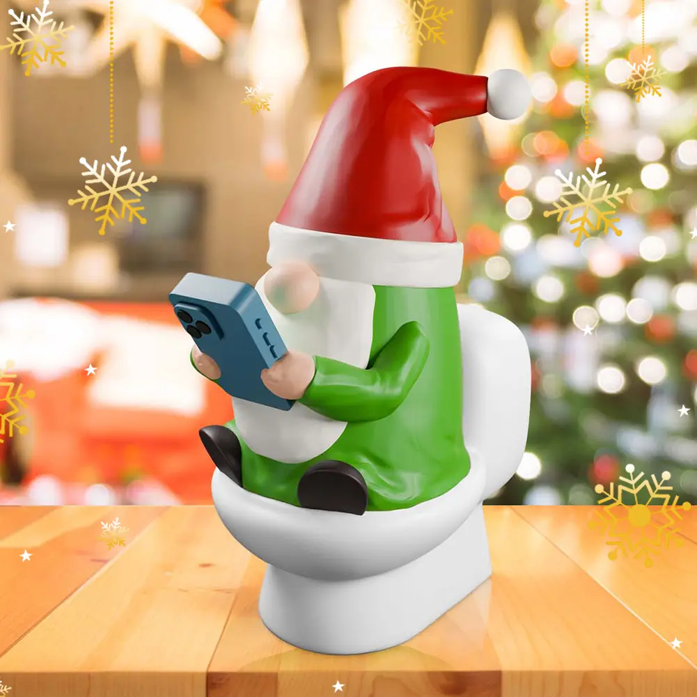 Novelty Gnomes Christmas Figurine Resin Funny Elf Sculpture Play Phone on The Toilet Gnome Statue Garden Gnome for Fairy Garden