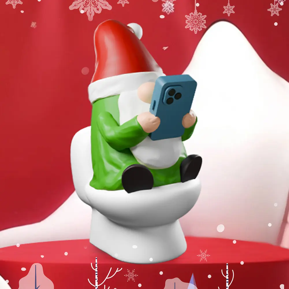 Novelty Gnomes Christmas Figurine Resin Funny Elf Sculpture Play Phone on The Toilet Gnome Statue Garden Gnome for Fairy Garden