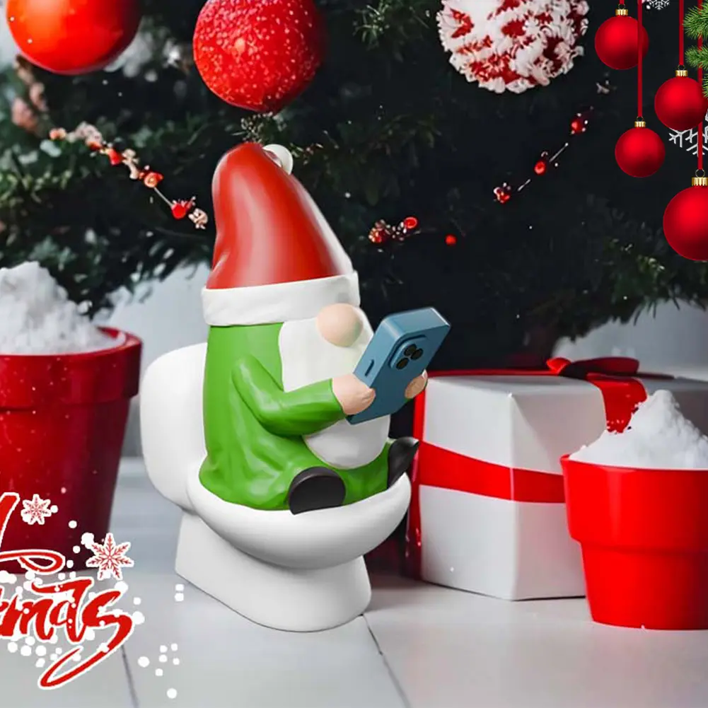 Novelty Gnomes Christmas Figurine Resin Funny Elf Sculpture Play Phone on The Toilet Gnome Statue Garden Gnome for Fairy Garden