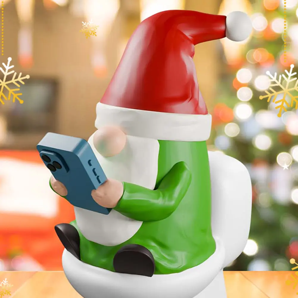 Novelty Gnomes Christmas Figurine Resin Funny Elf Sculpture Play Phone on The Toilet Gnome Statue Garden Gnome for Fairy Garden