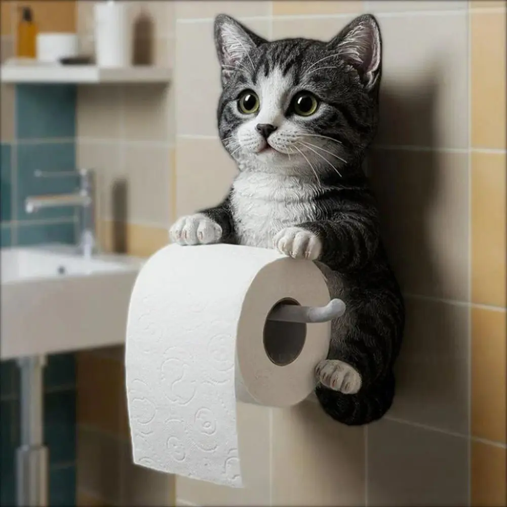 Wall Mount Cat Toilet Paper Roll Holder Funny Animal Roll Storage Rack Decorative Cat Statue Tissue Dispenser Rack Paper Stands