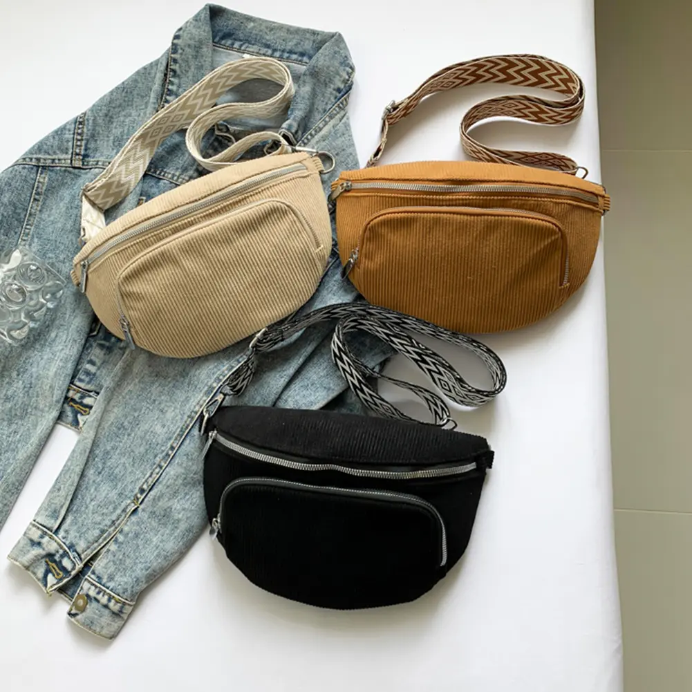 Corduroy Chest Bag Fashion Fanny Pack Wide Guitar Strap Vintage Shoulder Bag Multi-pockets Hobo Sling Bag Casual Sports Bag