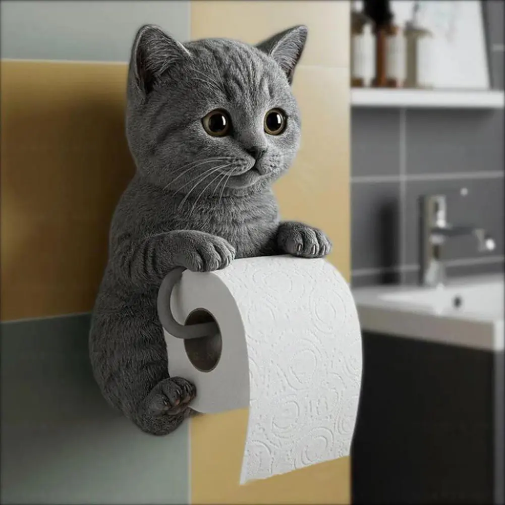Wall Mount Cat Toilet Paper Roll Holder Funny Animal Roll Storage Rack Decorative Cat Statue Tissue Dispenser Rack Paper Stands