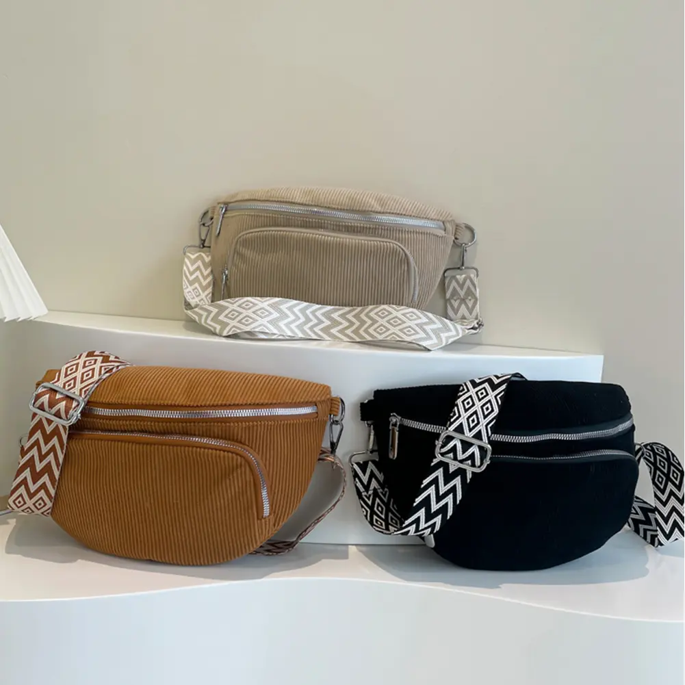 Corduroy Chest Bag Fashion Fanny Pack Wide Guitar Strap Vintage Shoulder Bag Multi-pockets Hobo Sling Bag Casual Sports Bag