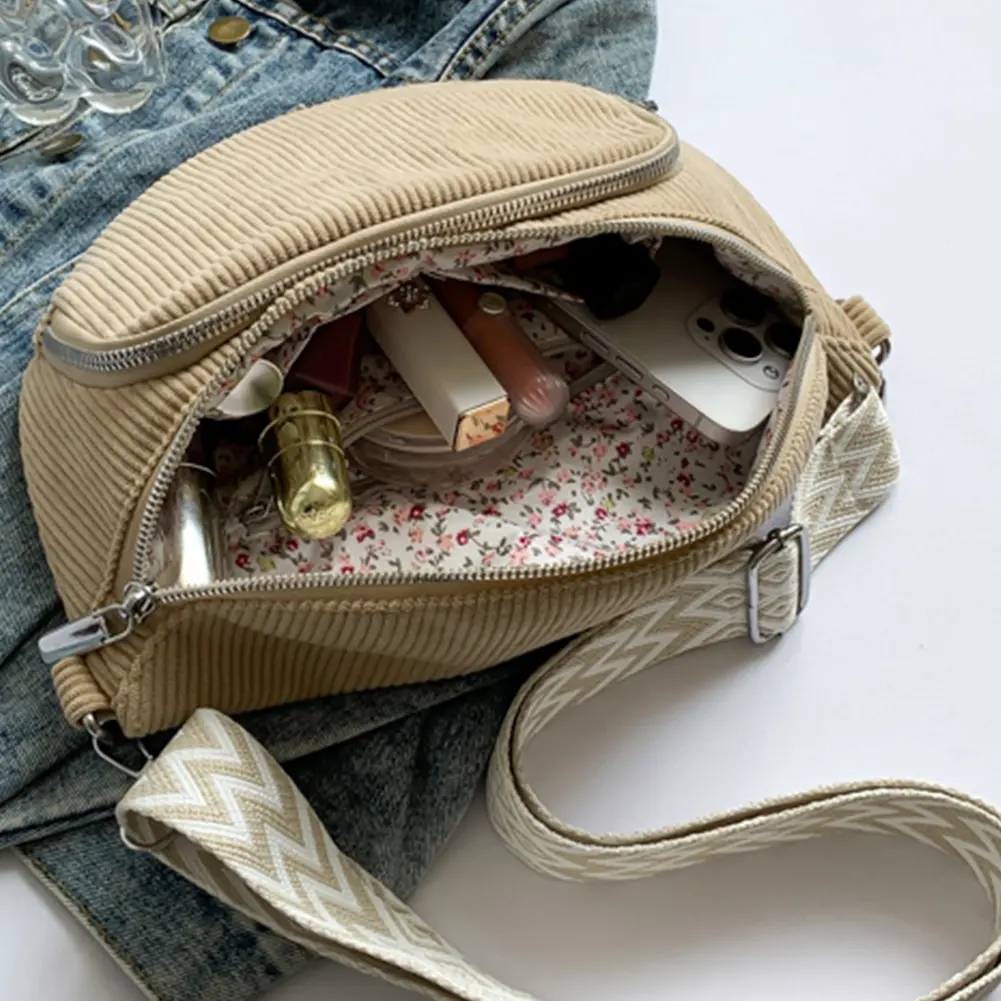 Corduroy Chest Bag Fashion Fanny Pack Wide Guitar Strap Vintage Shoulder Bag Multi-pockets Hobo Sling Bag Casual Sports Bag