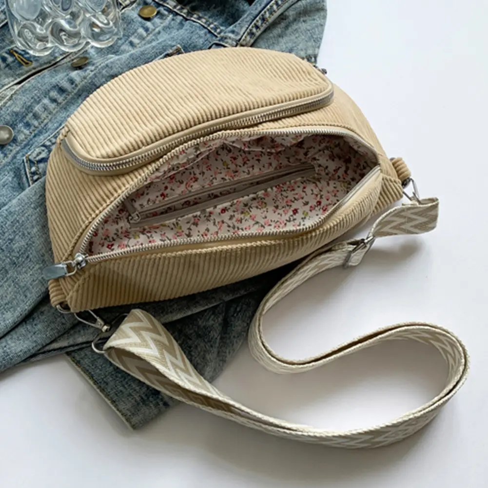 Corduroy Chest Bag Fashion Fanny Pack Wide Guitar Strap Vintage Shoulder Bag Multi-pockets Hobo Sling Bag Casual Sports Bag