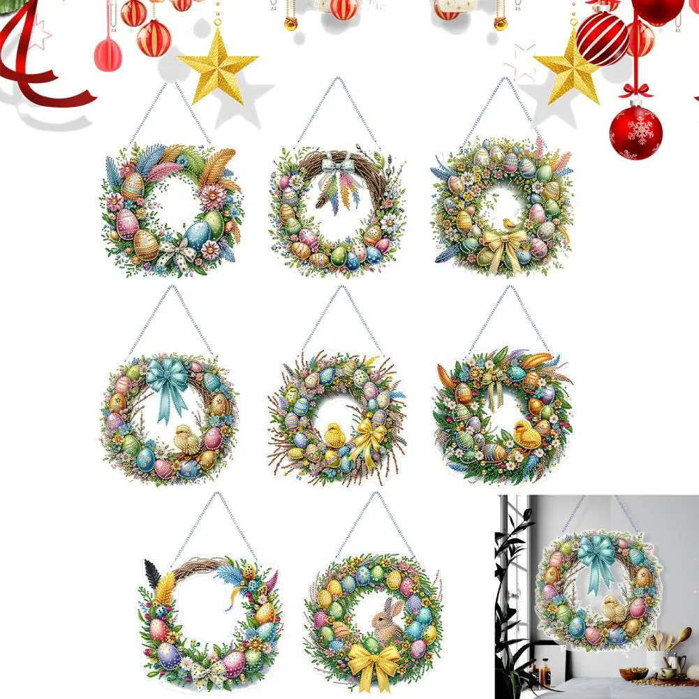 Single Sided Diamond Art Hanging Pendant Handmade Easter Wreath Rhinestone Diamond Art Window Pendants Chicken Rabbit Wall Decor