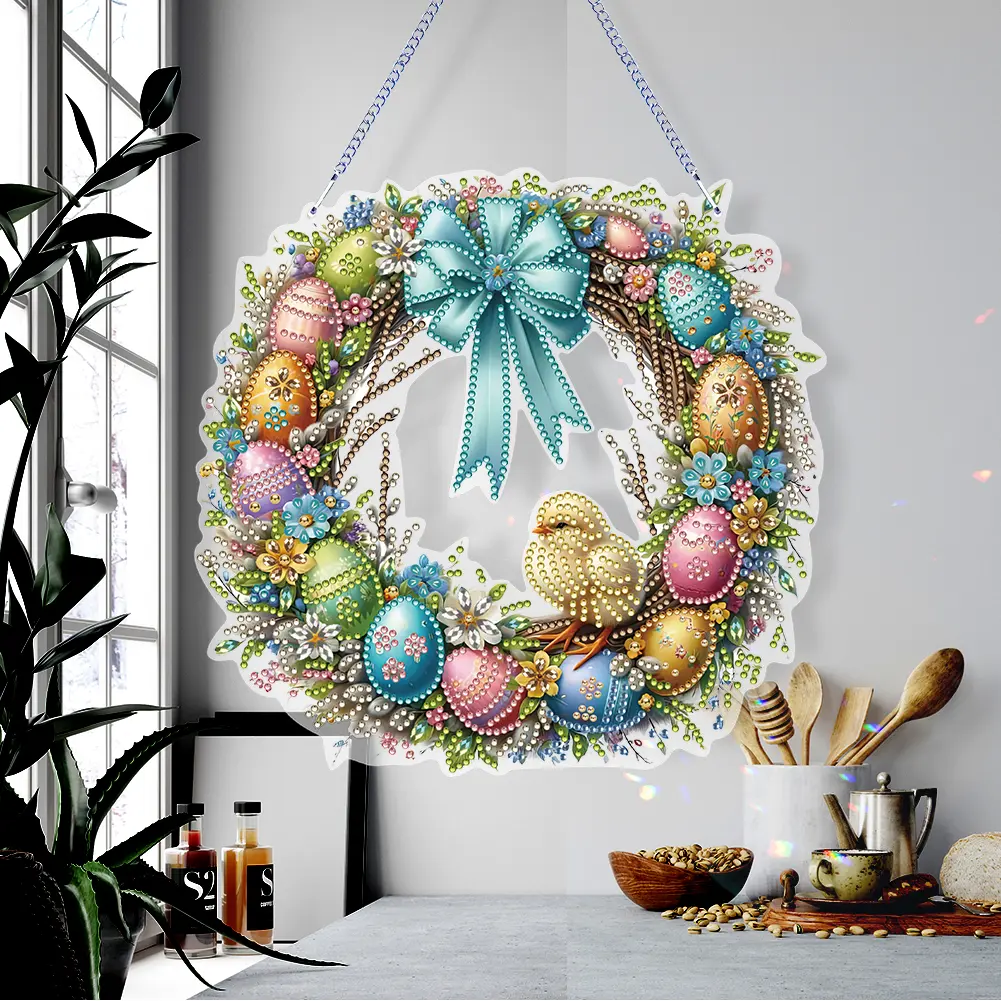 Single Sided Diamond Art Hanging Pendant Handmade Easter Wreath Rhinestone Diamond Art Window Pendants Chicken Rabbit Wall Decor