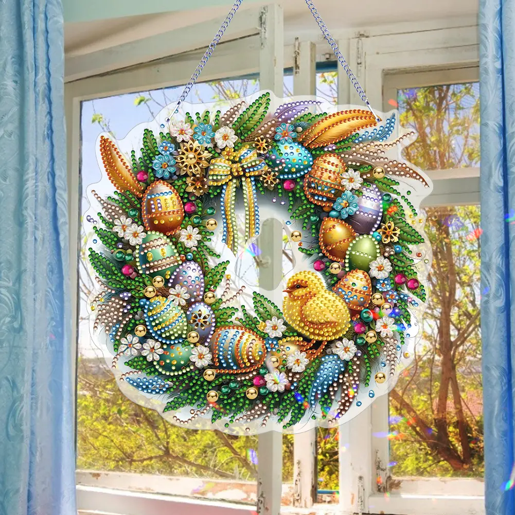 Single Sided Diamond Art Hanging Pendant Handmade Easter Wreath Rhinestone Diamond Art Window Pendants Chicken Rabbit Wall Decor