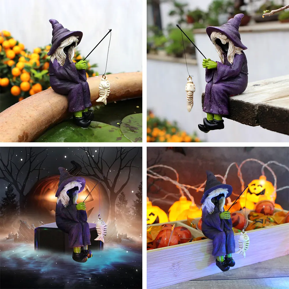 Resin Fishing Witch Skeleton Statue Craft Funny Halloween Decoration Mini Witch Sitting Figurine for Ghost Festival Garden Yard
