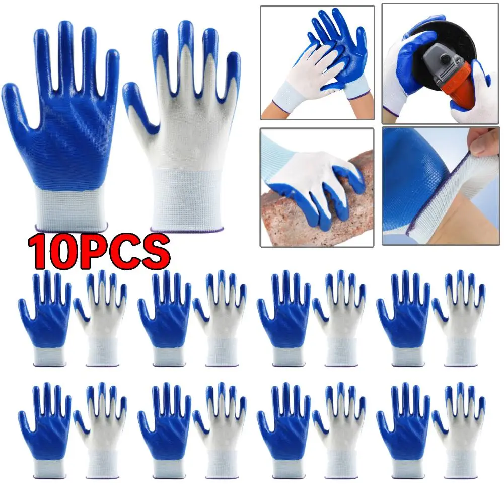 10Pairs Of Non-slip Wear-resistant Breathable Nitrile Gloves Industrial Labor Building Construction Safety Non-slip Work Gloves
