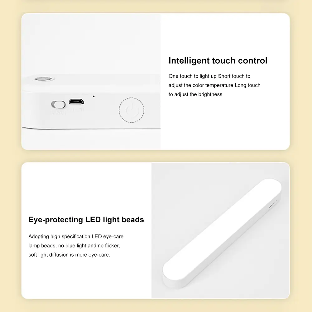 Magnetic Light Bar LED Desk Lamp Stepless Dimmable Reading Light 3 Light Colors Small Night Light Rechargeable for Vanity Mirror