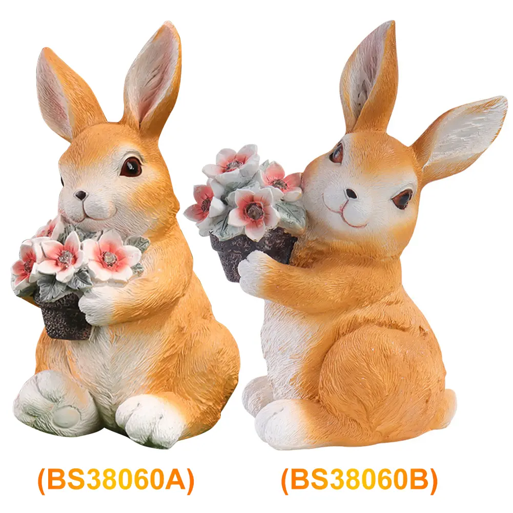 Easter Bunny Figure with Solar Powered Flower Light Waterproof Rabbit Sculpture Rabbit Garden Statues for Patio Yard Lawn Porch