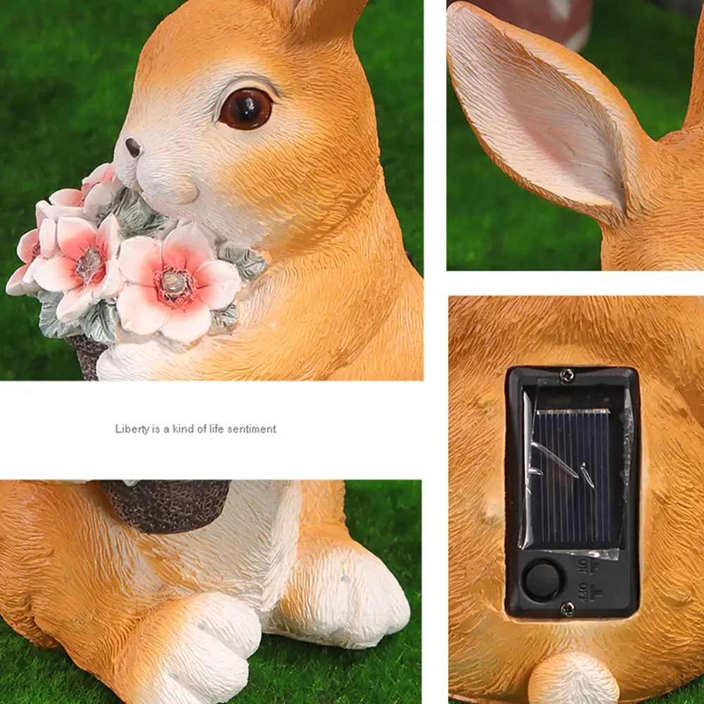 Easter Bunny Figure with Solar Powered Flower Light Waterproof Rabbit Sculpture Rabbit Garden Statues for Patio Yard Lawn Porch