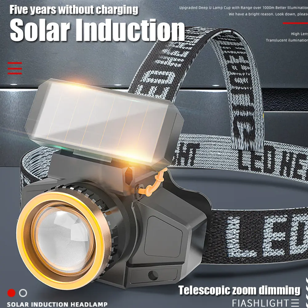XPE LED Headlamp Sensor Headlight Solar + USB Rechargeable Head Lamp Work Light