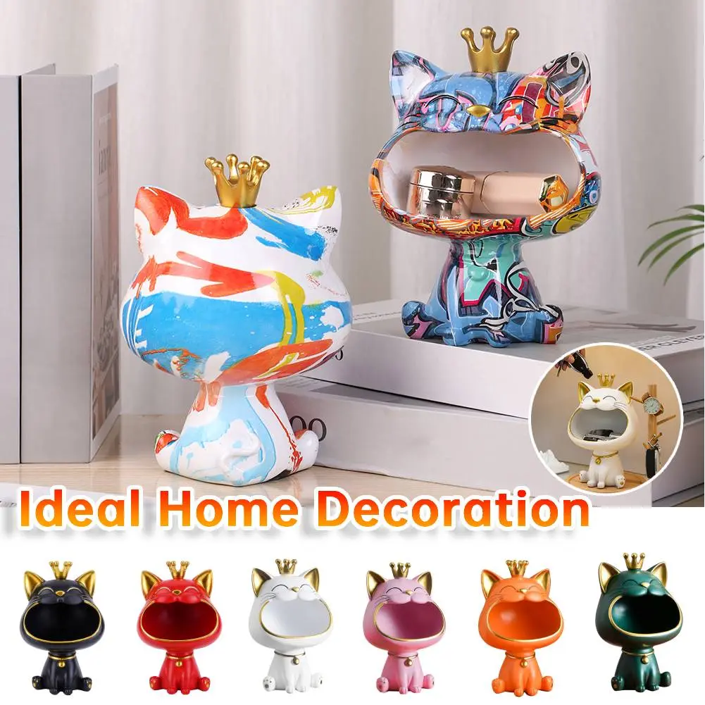 Crown Cat Figurine Storage Box Resin Big Mouths Cat Statue Home Decor Creative Big Mouths Cat Statue for Home Office Ideal Decor